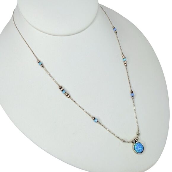 925 Sterling Silver Blue Fire Opal Pendant Necklace 19" Dainty Artisan Israeli - Picture 5 of 13